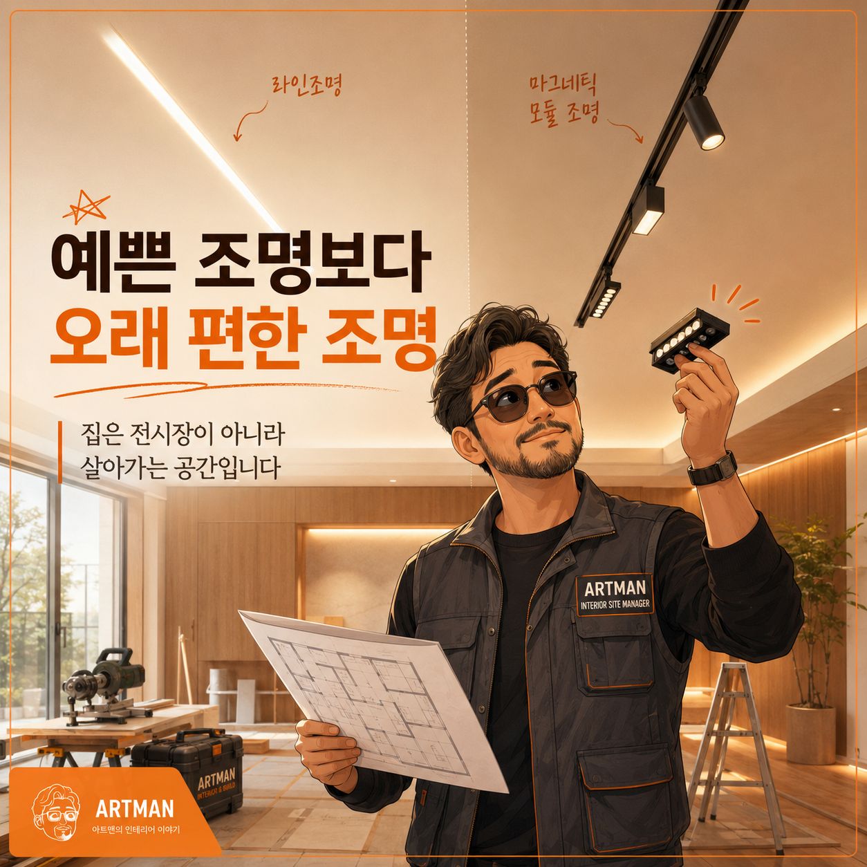 처음엔 예쁜 게 눈에 들어옵니다.
하지만 오래 살다 보면
편한 게 더 오래 남습니다.

조명도 그래요.

한 번 시공하고 끝나는 게 아니라
고장 나고, 바꾸고, 다시 조정할 날까지
생각해야 합니다.

예쁜 집보다
오래 편한 집이 진짜 좋은 집입니다. 1