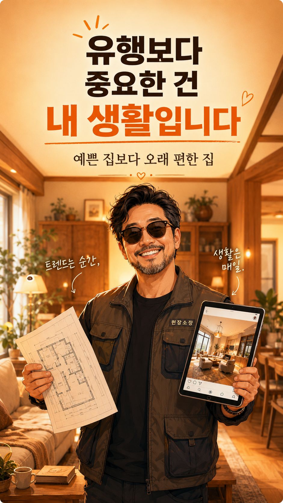유행하는 인테리어,
사진으로 보면 정말 예쁩니다.

그런데 막상 살아보면
청소가 어렵고, 수납이 부족하고,
생활 동선이 불편할 때가 있습니다.

인테리어는
남들이 예쁘다는 기준보다
내가 편하게 살 수 있는 기준이 먼저입니다.

집은 보여주기 위한 공간이 아니라
매일 살아내는 공간이니까요.

“유행 따라 했다가, 결국 내가 고생하는 집이 될 수 있습니다.” 1